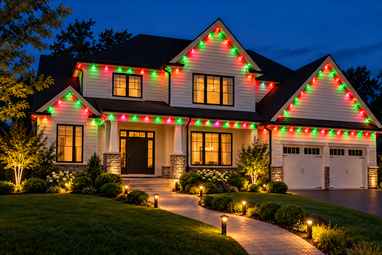 Christmas red and green lighting on the same concept home, with closely spaced roofline lights