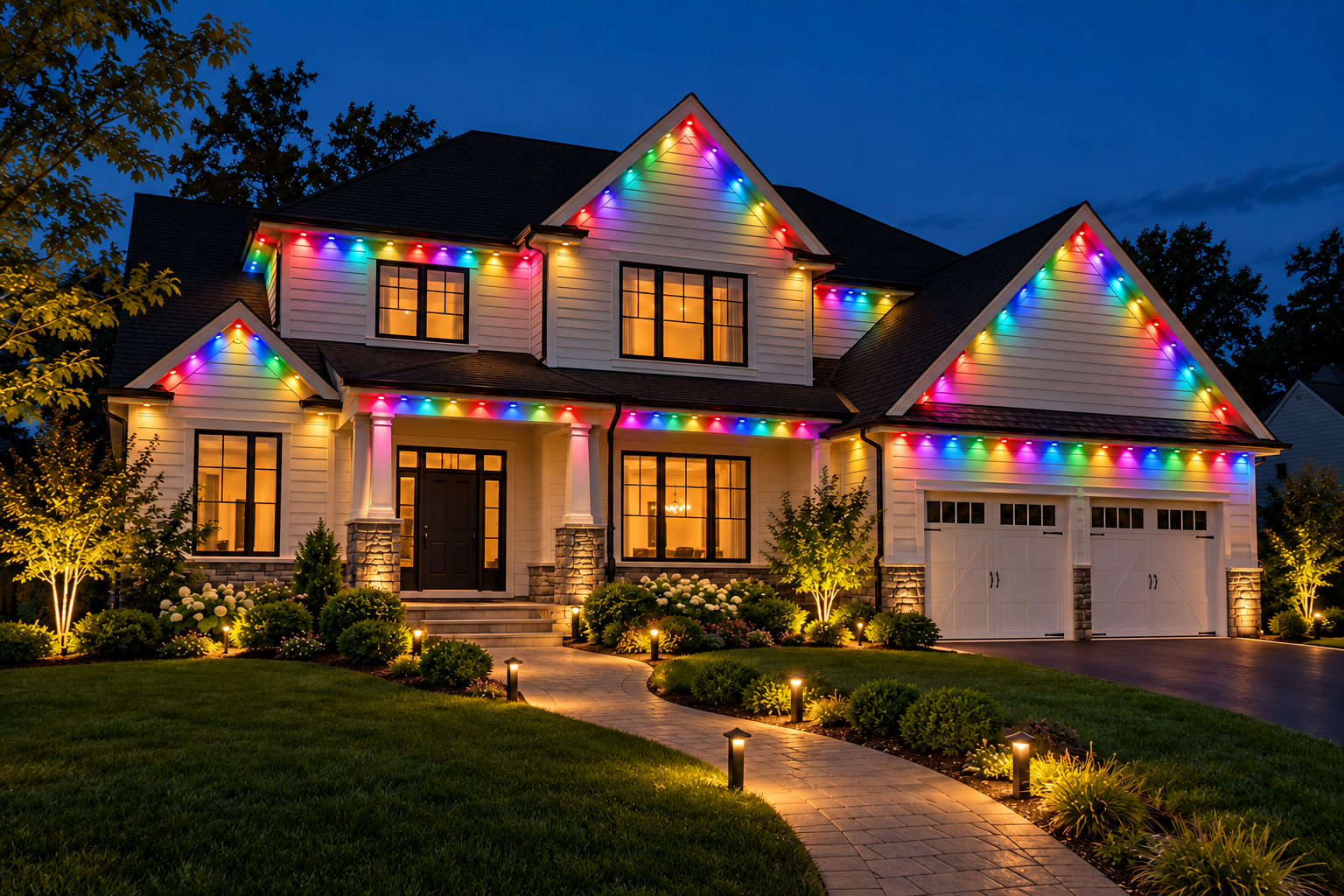 Rainbow color-changing lighting on the same concept home with closely spaced lights