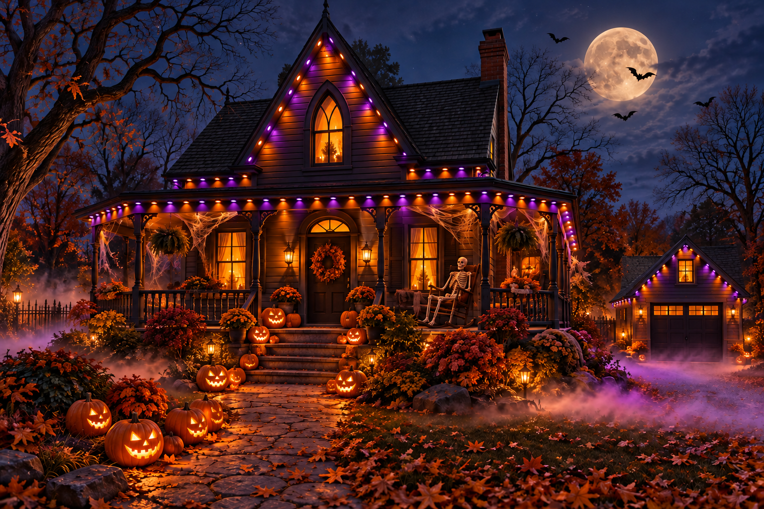 Victorian cottage with orange and purple roofline lights, carved pumpkins, cobweb decorations, a porch skeleton and drifting fog under a full moon