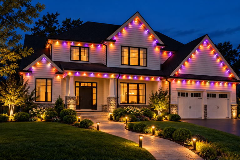 Orange and purple Halloween lighting on the same concept home