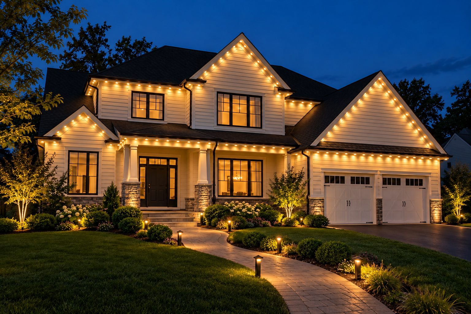 Fictional New Jersey home with warm white roofline and pathway lighting