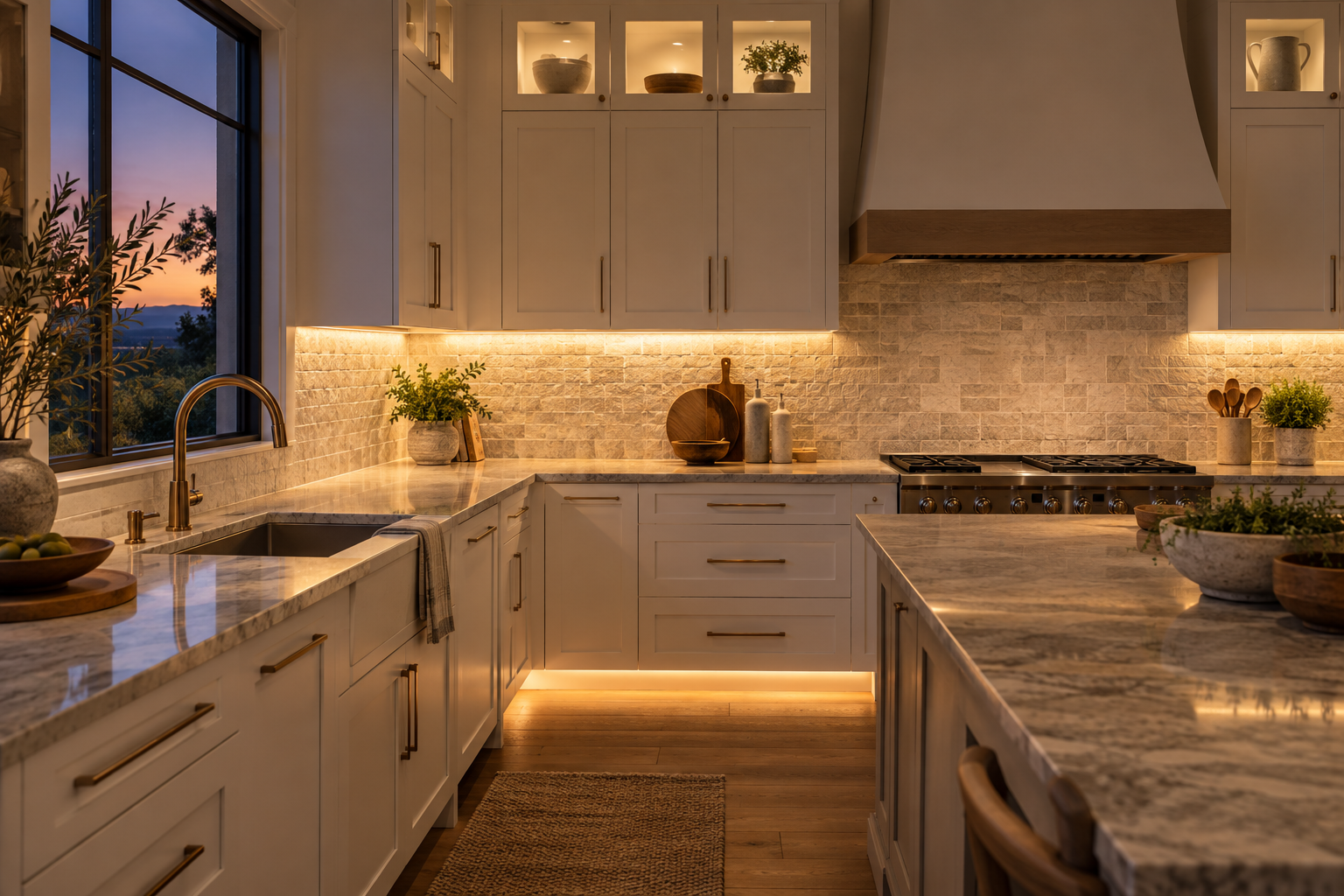 Lighting design: Warm white concealed lighting beneath kitchen cabinets illuminating countertops