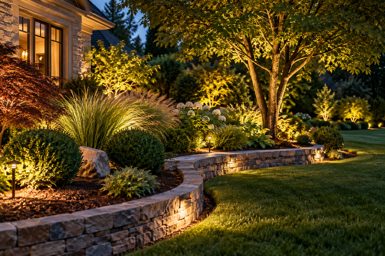 Lighting design: Soft landscape lighting across ornamental plants and a garden tree