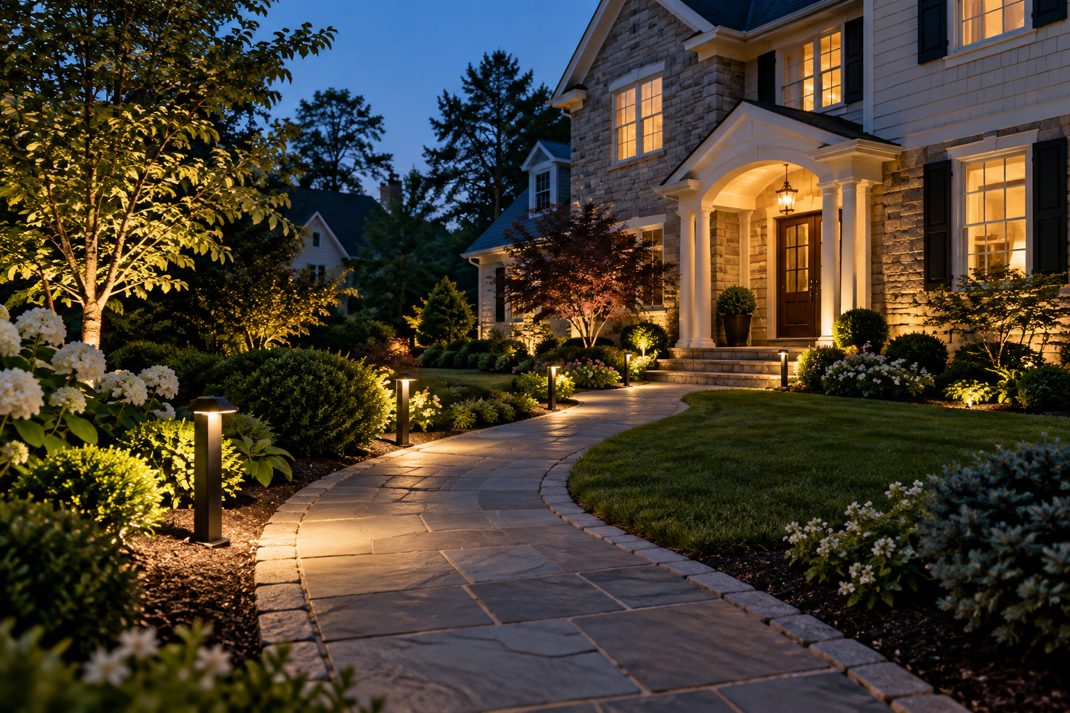 Lighting design: Warm white pathway fixtures illuminating a curved stone walkway