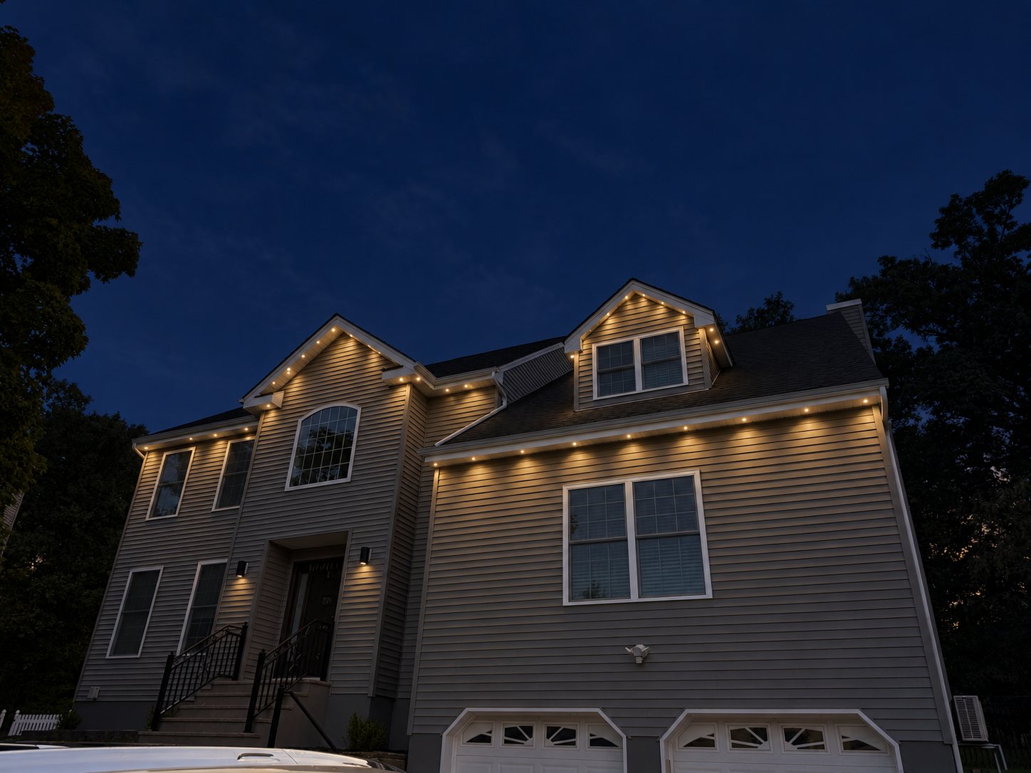 AI-edited night visualization based on the original Raritan home photo, illustrating warm white lighting along the rooflines and matching tracking
