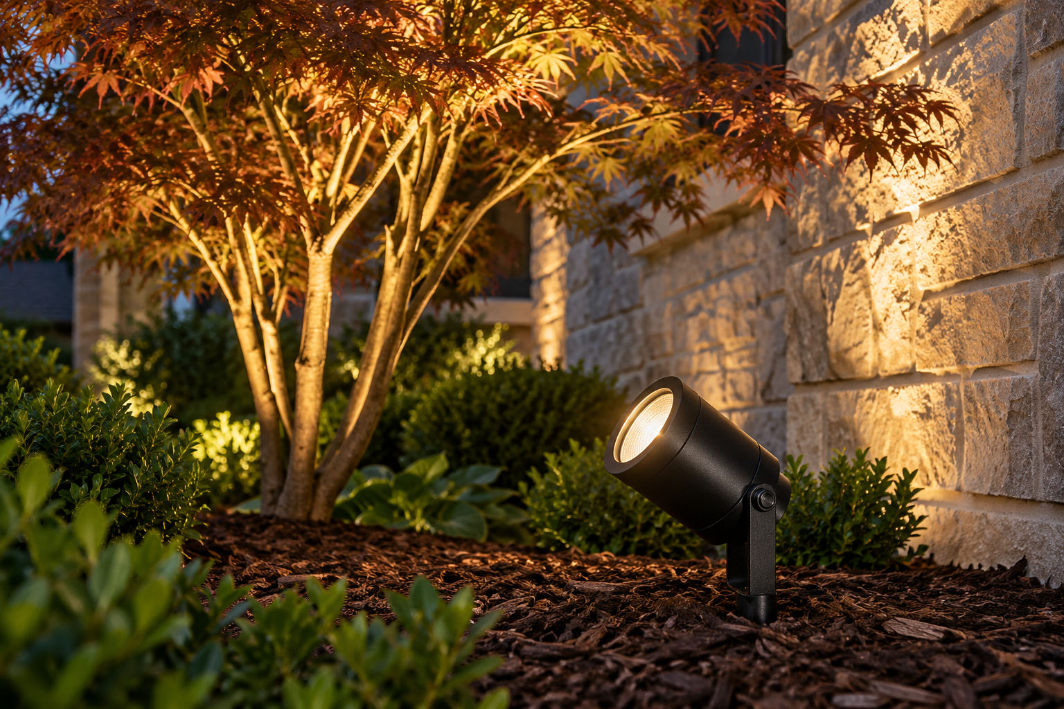 Lighting design: Discreet outdoor spotlight highlighting a tree and stone facade